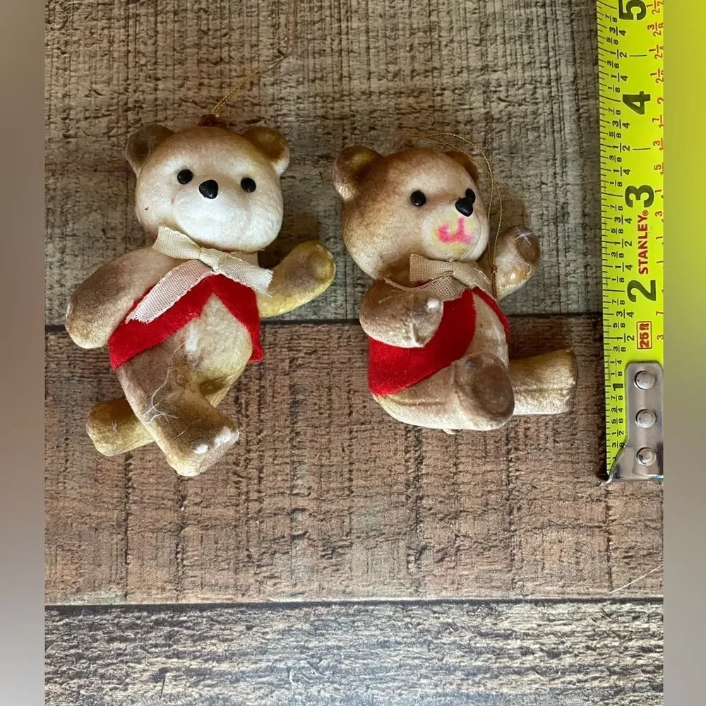 Vintage 1960’s Flocked Teddy Bear Christmas Ornaments-set Of 2 Red Felt/Bow Ties